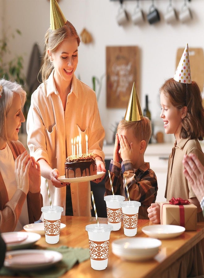 JarThenaAMCS مجموعة جارثينا إيه إم سي إس المكونة من 50 قطعة من أكواب سيليتو ليندو البلاستيكية للاستخدام مرة واحدة مع أغطية وماصات، أكواب طينية مزينة بزهرة تيراكوتا للمشروبات الباردة، مثالية لحفلات الزفاف المكسيكية على طراز تالافيرا. - Image 5